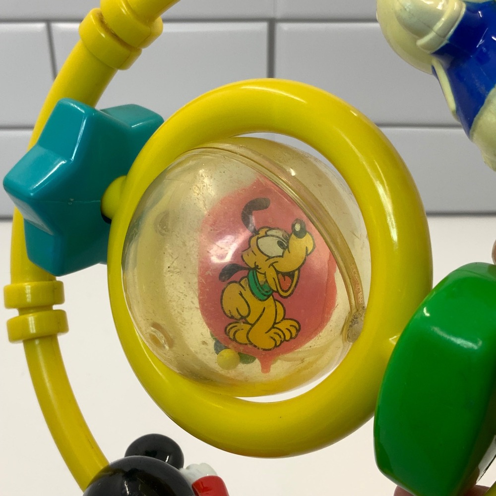 Vintage 1986 Disney Mickey Mouse Donald Duck Pluto Baby Rattle Yellow Ring Toy - Picture 3 of 7